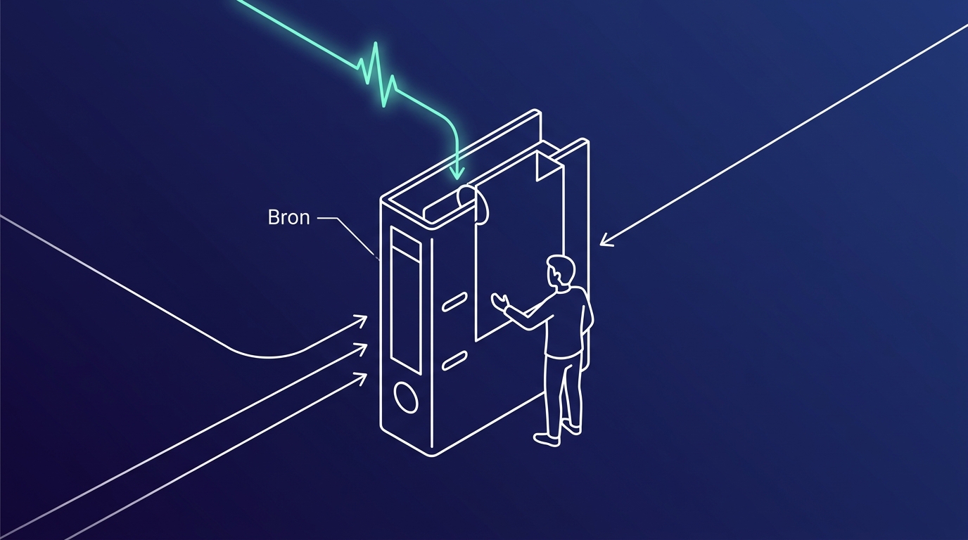 Isometric line illustration of a ring binder with document flows and the Dutch label Bron (source), in And AI style on a dark navy background