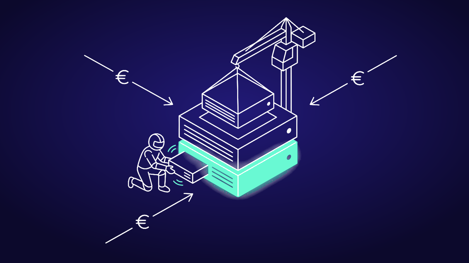 Wireframe-netwerk van knooppunten waarin geld en AI-fabrieken naar soevereine AI-infrastructuur in Europa stromen, met turquoise pulslijnen