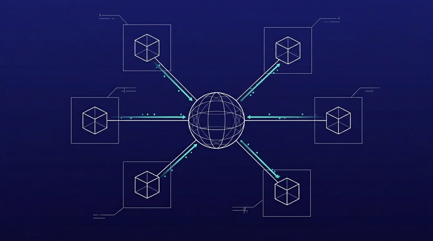 Wireframe diagram of five isolated tenant nodes connected to a central AI orchestration hub via turquoise data streams, illustrating multi-tenant data isolation