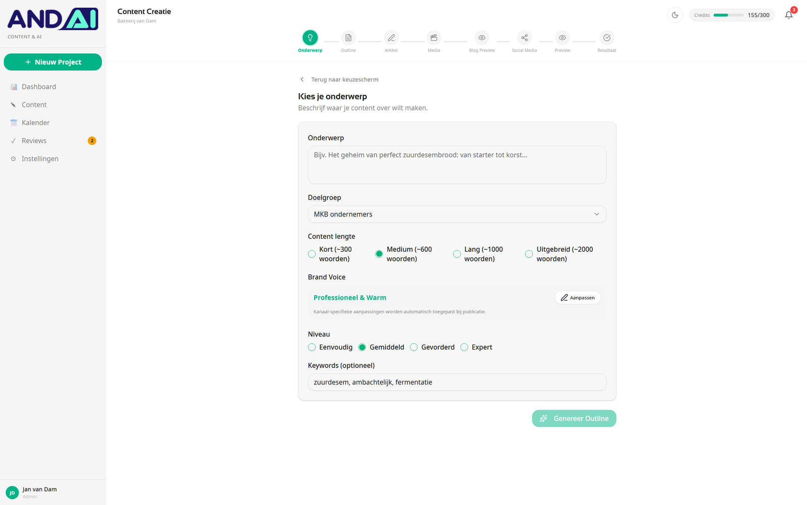 Topic step in the Content & AI wizard: setting subject, audience, content length, brand voice and level