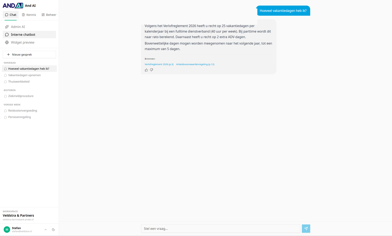 Internal Knowledge Assistant chat answering an HR question, citing the leave policy and employment terms as sources