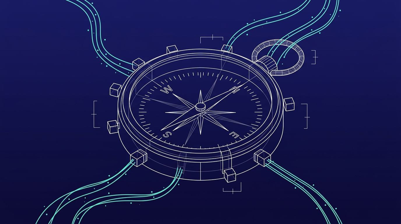 Wireframe pocket compass with cardinal points and a pivoting needle, surrounded by small modular nodes and turquoise pipeline streams, on navy gradient.