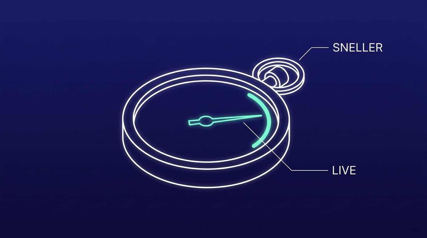 Isometric line drawing of a stopwatch with a mint second hand, standing for speed and time saved with AI
