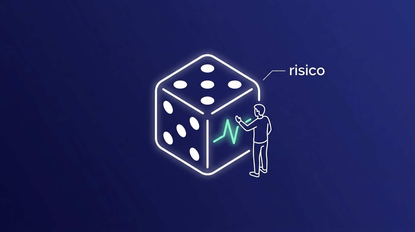 Lijntekening van een dobbelsteen met het label risico, waar een klein figuur zijn hand tegenaan houdt