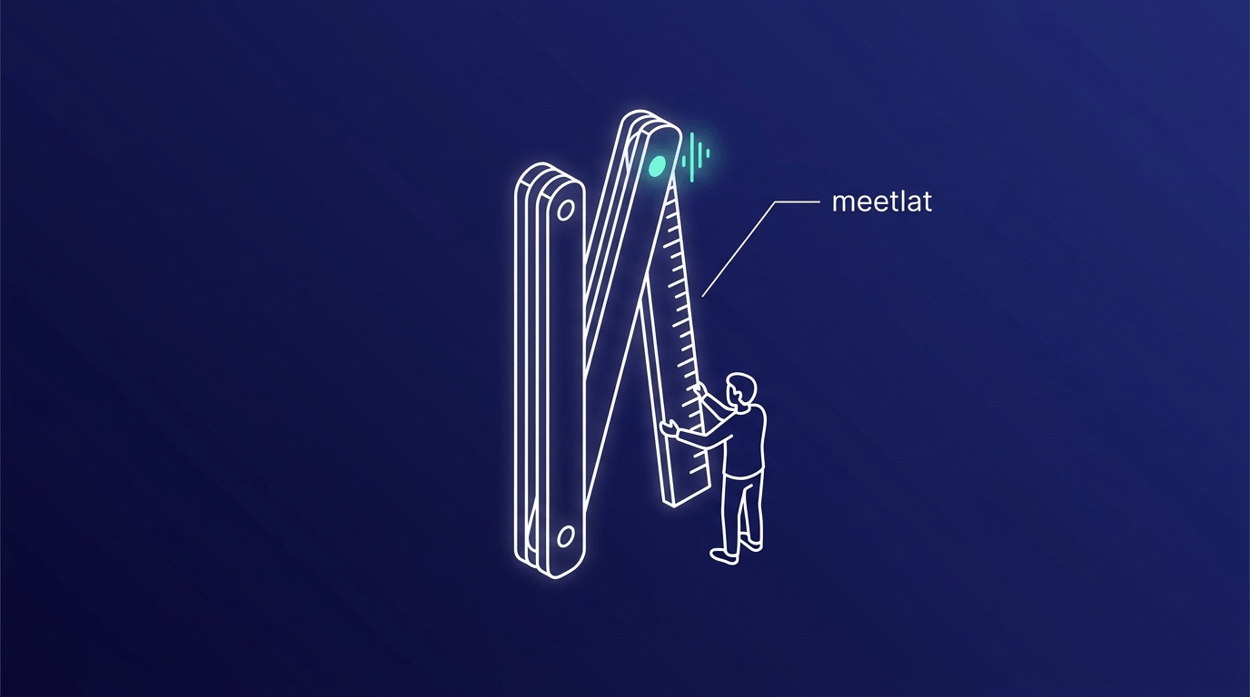 Lijntekening van een uitgeklapte duimstok met het label meetlat, met een klein figuur dat ernaast meet