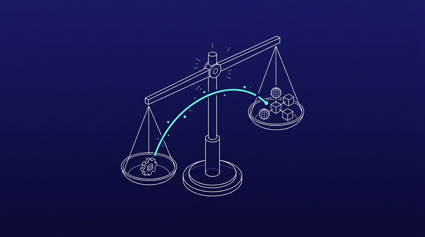 Wireframe balance scale weighing two processes against each other on time saved and feasibility